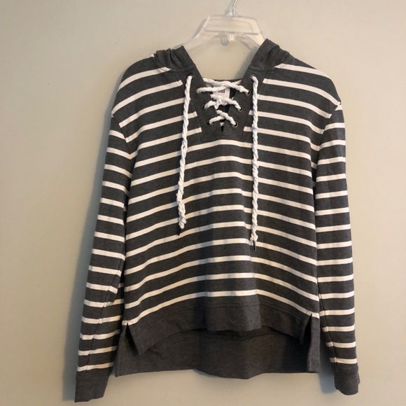 CAbi Sweaters - CAbi Windward Hoodie Top Striped Lace Up in Gray White 5324